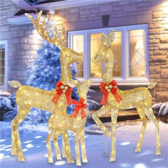 Clearance!3-Piece Lighted Christmas Reindeer Family Set  3 Piece,  Light up Christmas Decor Reindeer Family with LED Lights - Gold